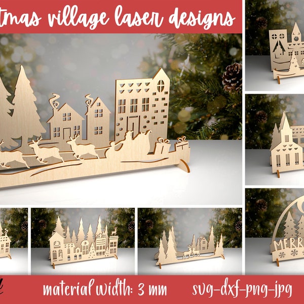 Wioska bożonarodzeniowa stoi pakiet wycinany laserowo, scena świątecznej wioski, świąteczny plik wycinany laserowo, drewniana dekoracja świąteczna SVG, zima