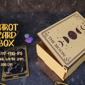 Tarot 3D cortado con láser SVG, caja de baraja de cartas de tarot, fases lunares SVG, caja de cartas de tarot 3D, corte láser de Halloween, caja de regalo de tarot grabada SVG