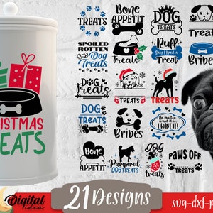 Peut inclure: Une collection de 21 designs numériques mettant en scène des illustrations sur le thème des chiens et du texte relatif aux friandises pour chiens. Les designs comprennent des phrases comme "Dog Treats", "Bone Appetit", "Spoiled Rotten Dog Treats", "Christmas Treats" et "Paws Off Treats". Les designs sont de différentes couleurs, notamment le rouge, le vert, le bleu, le noir et le blanc.