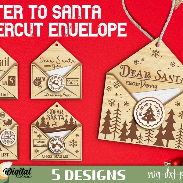 Paquete SVG de sobre de carta a Santa, decoración Lasercut Dear Santa, diseños de forja brillante de correo de Santa, lista de deseos de Navidad SVG