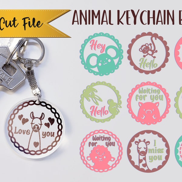 Cute animal faces svg keychain, Keychain animal svg bundle, Adorable animals with cute quotes SVG, Round keychain designs