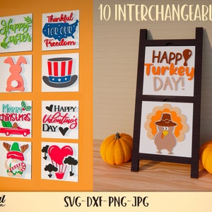 Leaning ladder Interchangeable Sign sets bundle, Interchangeable Seasonal Signs lasercut SVG, Halloween, Christmas, Standing frame SVG