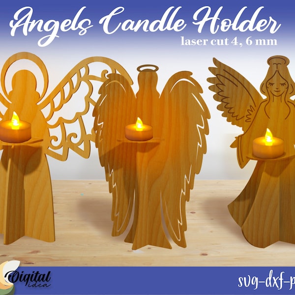 Angel candle stand file di taglio laser, portacandele in legno svg bundle, Angel Candle Holder svg, file di taglio laser commemorativo.
