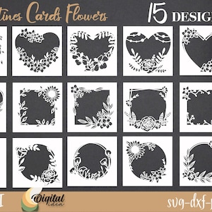 Lot de cartes de Saint-Valentin, papier découpé en couches, cadre de la Saint-Valentin, cadre en papier, cartes de voeux florales personnalisées, personnalisé, svg amour, svg coeur