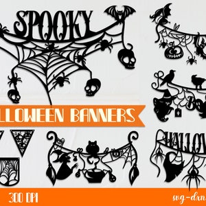 Peut inclure: Dix modèles de bannières d'Halloween en noir et blanc sur des thèmes effrayants comme les chauves-souris, les araignées, les fantômes, les sorcières et les citrouilles. Les bannières comprennent les mots "Spooky" et "Halloween".