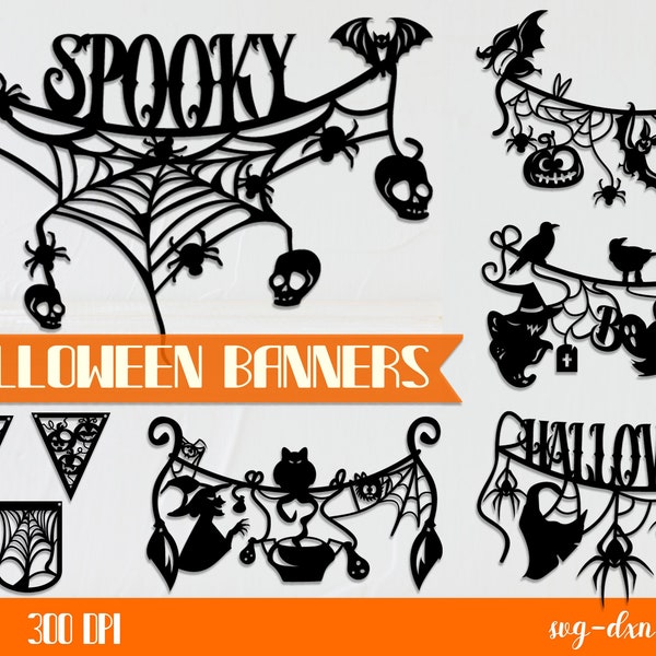 Halloween Garland Bundle SVG, Halloween Papercut banners, Halloween bunting svg, Halloween wall party decoration