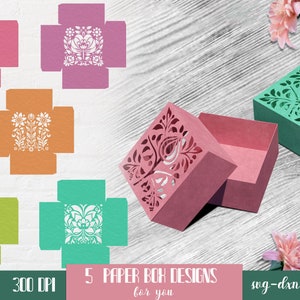 Paquete SVG de cajas de regalo florales, plantilla de caja Papercut, caja con adorno floral SVG, caja 3D para regalos