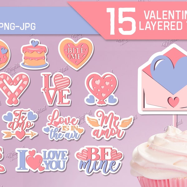 Valentine's Day cake toppers bundle, Valentine layered paper cut, love svg, 3D cake and cupcake decoration, wedding topper papercut