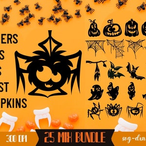 Halloween elements mixed bundle, Halloween SVG silhouettes, Spooky ghosts, funny bats, cute spiders, clipart spider webs, pumpkins