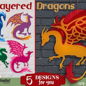 Drachen Bundle svg, 3D Drachen Papier Schnitt Vorlage, 3D Flügel, Drachen mit 3D Flügel svg, Papercut Drachen, Magischer Drachen Dekor