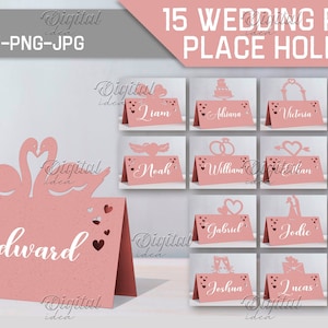 Marque-place de mariage SVG, cartes de Saint-Valentin, carte de visite, étiquettes de nom, motifs de mariage personnalisés, marque de place en papier découpé, marque-places en papier découpé