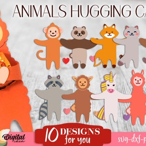 May include: Ten digital designs of cute animals hugging candy. The animals include a llama, monkey, raccoon, sheep, unicorn, cat, bear, and rabbit. The designs are perfect for creating party favors, gift tags, or decorations.