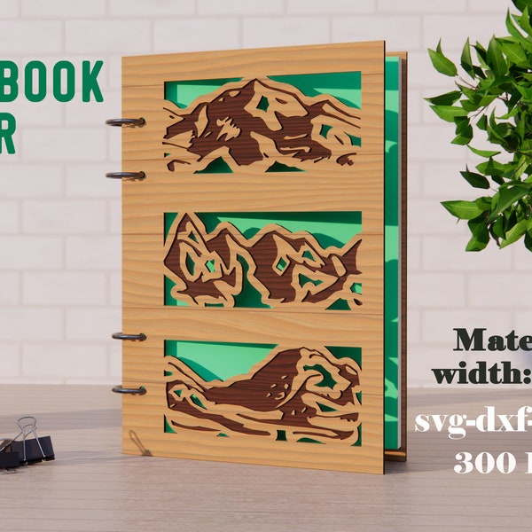 Notebook cover lasercut, Mountain landscape, 3D binder, 4 ring binder lasercut, Glowforge wooden book cover, album cover, journal cover SVG