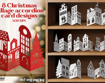 Accordion Christmas village paper decoration bundle, Christmas papercut display card, Christmas standing houses, Christmas paper scene