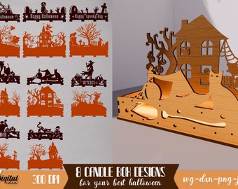 Vassoio portacandele di Halloween SVG, Spooky tabletop tea light holder lasercut, fascio di cornice per candele di Halloween