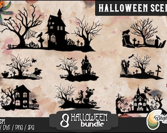 Halloween scene SVG bundle, Halloween wall art SVG, Halloween silhouette scenes, Halloween laser cut, Spooky scenes papercut
