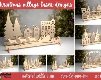 Weihnachtsdorf steht Laser geschnittenes Bündel, Weihnachtsdorf Szene, Weihnachten Laser geschnittene Datei, hölzerne Weihnachtslichtdekoration svg, Winter