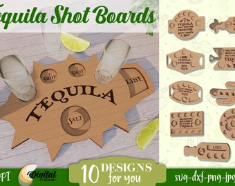 Paquete de tablas de tiro de tequila, bandejas de tequila 3D cortadas con láser, tabla de vuelo de tequila, bandeja para servir tiro, tablas de forja luminosa de tequila SVG