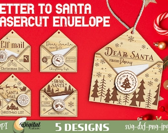 Lettre au paquet de SVG d'enveloppe de Santa, décor Lasercut Dear Santa, conceptions de glowforge de courrier de Santa, liste de souhaits de Noël SVG