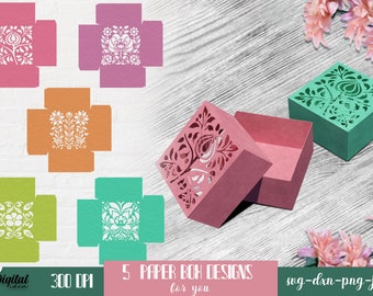 Floral gift boxes SVG bundle, Papercut box template, Box with flower ornament SVG, 3D box for gifts