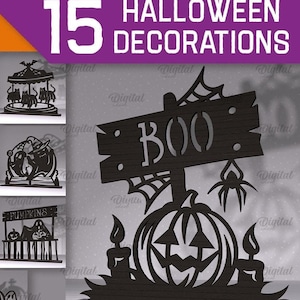 Paquete de decoraciones de Halloween en 3D, soportes de Halloween cortados con láser, estante de madera aterrador svg, feliz Halloween svg, decoración espeluznante svg