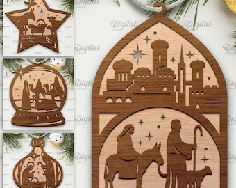 May include: Ten wooden Christmas ornaments featuring a nativity scene theme. The ornaments are laser cut and ready to be painted or stained.  SVG-DXF-PNG-JPG 300 DPI.  Suited for any material thickness.