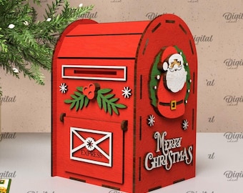 May include: Red wooden Santa Mailbox with a white trim and a Santa Claus face on the side. The mailbox has a slot for letters and a sign that says "Merry Christmas".