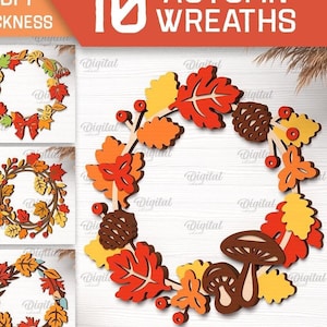 Puede incluir: Diez archivos de corte digital de coronas de otoño con varios follajes otoñales, incluyendo hojas, bellotas y setas. Las coronas son en tonos de naranja, rojo, amarillo y marrón. El texto "10 AUTUMN WREATHS" está en la parte superior de la imagen.