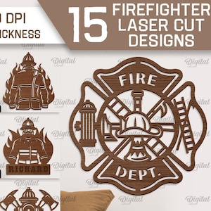 May include: Fifteen laser cut designs for firefighter themed crafts. The designs include a firefighter helmet, a fire truck, a firefighter in flames, and a fire department logo. The designs are suitable for any material thickness and are available in SVG, DXF, PNG, and JPG formats.