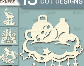 May include: A set of 15 baby-themed laser cut designs, including a carousel, a rocking horse, a cloud with a sleeping bear, a hot air balloon, and a moon with a bunny. The designs are suitable for any material thickness and are available in SVG, DXF, PNG, and JPG formats.