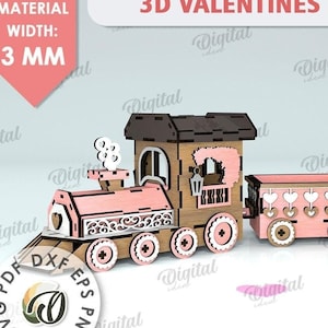 3D Valentine&#39;s Day love train, kids Valentine train toy laser cut, shelf sitter svg, wooden moving train with working wheels, locomotive svg