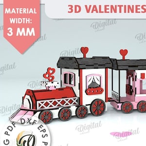 3D Valentine&#39;s Day train, Valentine train kids toy laser cut, wooden moving  shelf sitter, love train with working wheels, locomotive svg