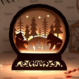3D Christmas night lamp, Christmas nightlight laser cut, bear svg, Xmas village light box, wooden layered Christmas decor svg, snow globe