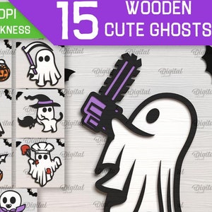 May include: A set of 15 wooden ghost cutouts in various poses, including a ghost holding a chainsaw, a ghost with a witch's hat, and a ghost with a chef's hat. The ghosts are all white with black outlines and are suitable for any material thickness.  SVG-DXF-PNG-JPG 300 DPI.
