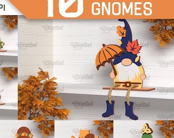 Herbstliche Wichtel-Sets, 3D-Wichtel lasergeschnitten, herbstliche Holzwichtel (SVG), Deko-Figuren fürs Regal, niedlicher Herbstwichtel-Ständer (SVG), Herbstdeko für Zuhause (SVG)