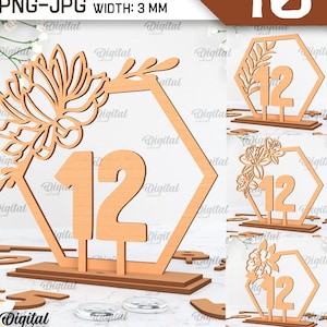 Wedding table numbers bundle, 3D standing table numbers laser cut, wooden wedding decor, 0-9 numbers svg, floral table numbers decoration