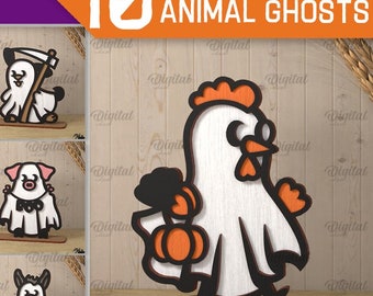 3D Cute farm animal ghosts bundle, Halloween ghost laser cut, halloween stand svg, farmhouse shelf sitter, spooky ghost decor, kids laser