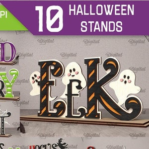 3D Halloween stands bundle, Halloween decors laser cut, wooden shelf sitter svg, Halloween quotes svg, table top sign, spooky welcome sign