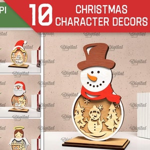 Può includere: Dieci file di taglio digitali per decorazioni di personaggi natalizi. I disegni includono un pupazzo di neve, un pinguino, una renna, un elfo, Babbo Natale e un angelo. I file sono a 300 DPI e la larghezza del materiale è di 3 mm.