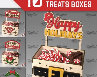 3D Christmas treats boxes bundle, treats box laser cut files, wooden candy holder, Xmas snack box svg, Xmas quotes and sayings svg