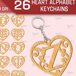 Paquete de llaveros con alfabeto de corazón, etiquetas de corazón para el día de San Valentín, etiquetas de regalo personalizadas cortadas con láser, adornos de corazón svg, letras de la a a la z, personalizadas