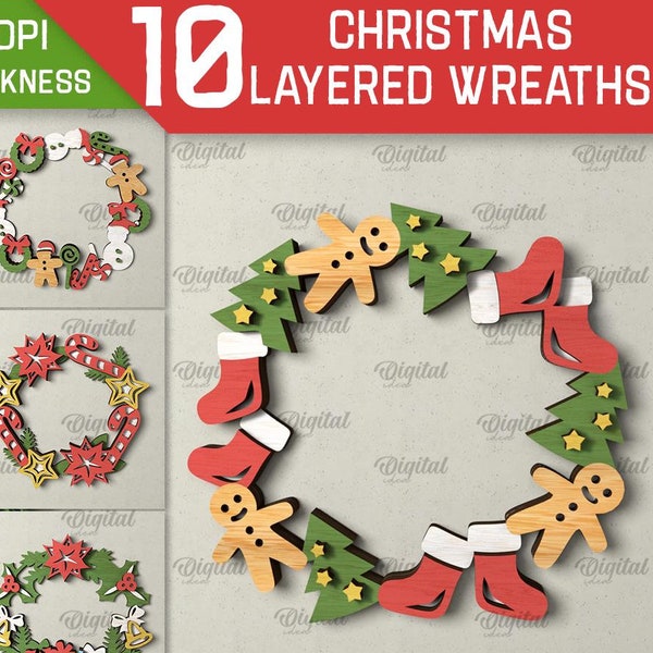 3D Christmas wreaths bundle, Merry Christmas wreath lasercut, Xmas sign svg, wooden layered wreath, Christmas wall hanger svg, Xmas decor