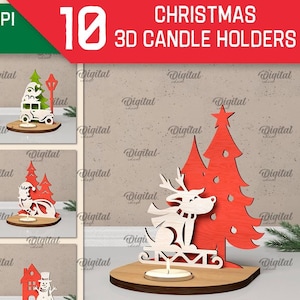3D クリスマス キャンドル ホルダー バンドル、3D クリスマス キャンドル スタンド レーザー カット、ティー キャンドル ホルダー SVG、木製クリスマス ライト、素朴なクリスマス キャンドル ホルダー