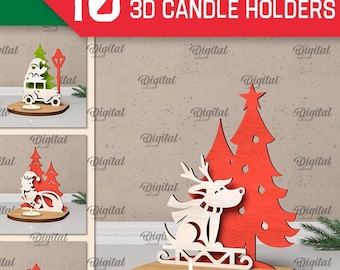 Op de afbeelding: Tien digitale ontwerpen voor 3D-kerstkaarshouders. De ontwerpen bevatten een verscheidenheid aan kerstthema's, waaronder een rendier, een sneeuwpop, een peperkoekhuis en een kerstboom. De ontwerpen zijn allemaal in rood, wit en groen.