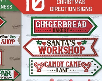 3D Christmas directional signs bundle, Xmas direction wall art laser cut, wooden retro home decor, Xmas quotes svg, vintage wall hanger