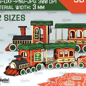 3D Weihnachtszug Bündel, 2 Größen, Holz Weihnachtszug Spielzeug Laser geschnitten, Regal Sitter svg, Weihnachtszug mit funktionierenden Rädern, Glowforge