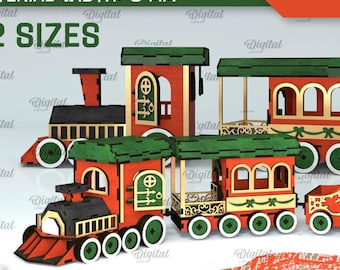 May include: A 3D Christmas train made of wood with red, green, and gold accents. The train has a locomotive, a passenger car, and a caboose. The train is decorated with snowflakes and a Christmas tree.