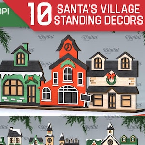 3D Santa&#39;s village standing decor bundle, Christmas scene stand laser cut, Xmas wooden home decor svg, Christmas house shelf sitter svg
