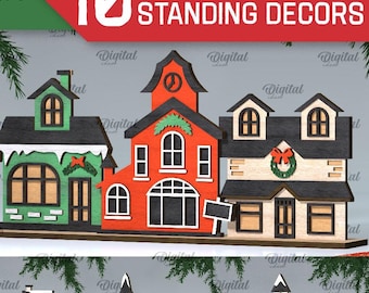 Santa's village standing decor bundle, Christmas scene stand laser cut, Xmas wooden home decor svg, Christmas house shelf sitter svg