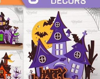 3D Halloween stands bundle, Halloween decors laser cut, Halloween wooden shelf sitter svg, happy Halloween svg, haunted house laser cut